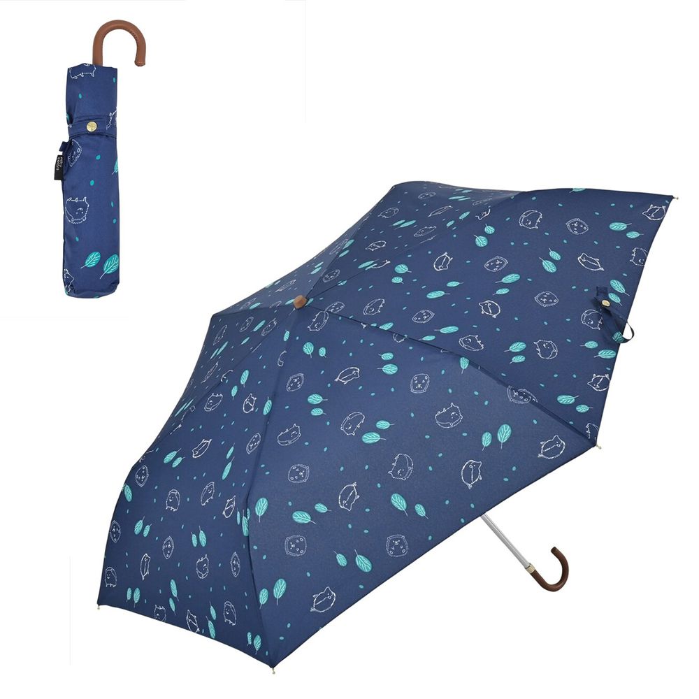 日本 nifty colors - 抗UV輕量 晴雨兩用折疊傘-刺蝟小森林-深藍 (直徑90cm/168g)-90.00%