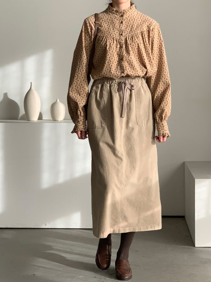 韓國女裝連線 - 滿版小花朵燈芯絨長袖襯衫-卡其 (FREE)