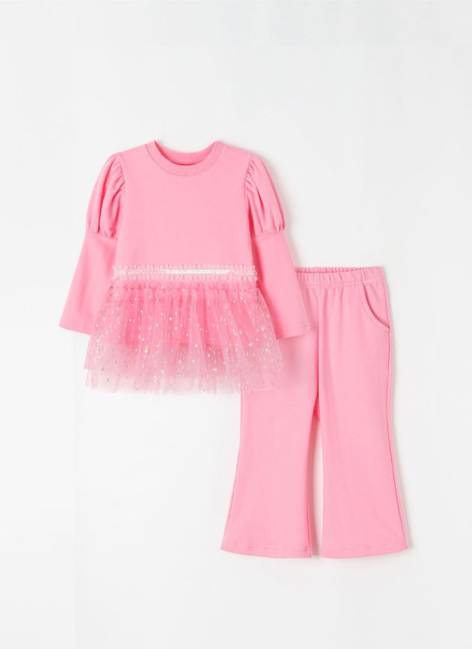 韓國 OZKIZ - 亮片網紗裝飾長袖微喇叭套裝-粉