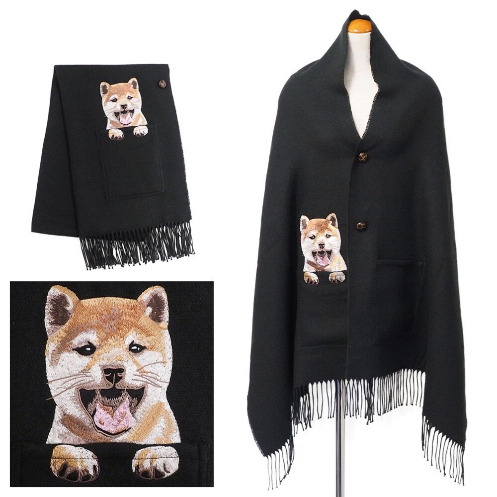 日本女裝代購 - 2way 質感圍巾/批肩(附釦子&口袋)-柴犬-黑 (60x210cm)