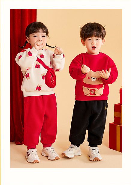 加絨喜氣洋洋長袖上衣-福氣熊熊-紅色