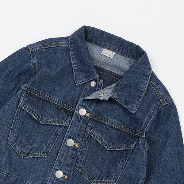 日本 petit main - 聯名款 經典印花廓形牛仔夾克-卡通人物米奇米妮-丹寧藍