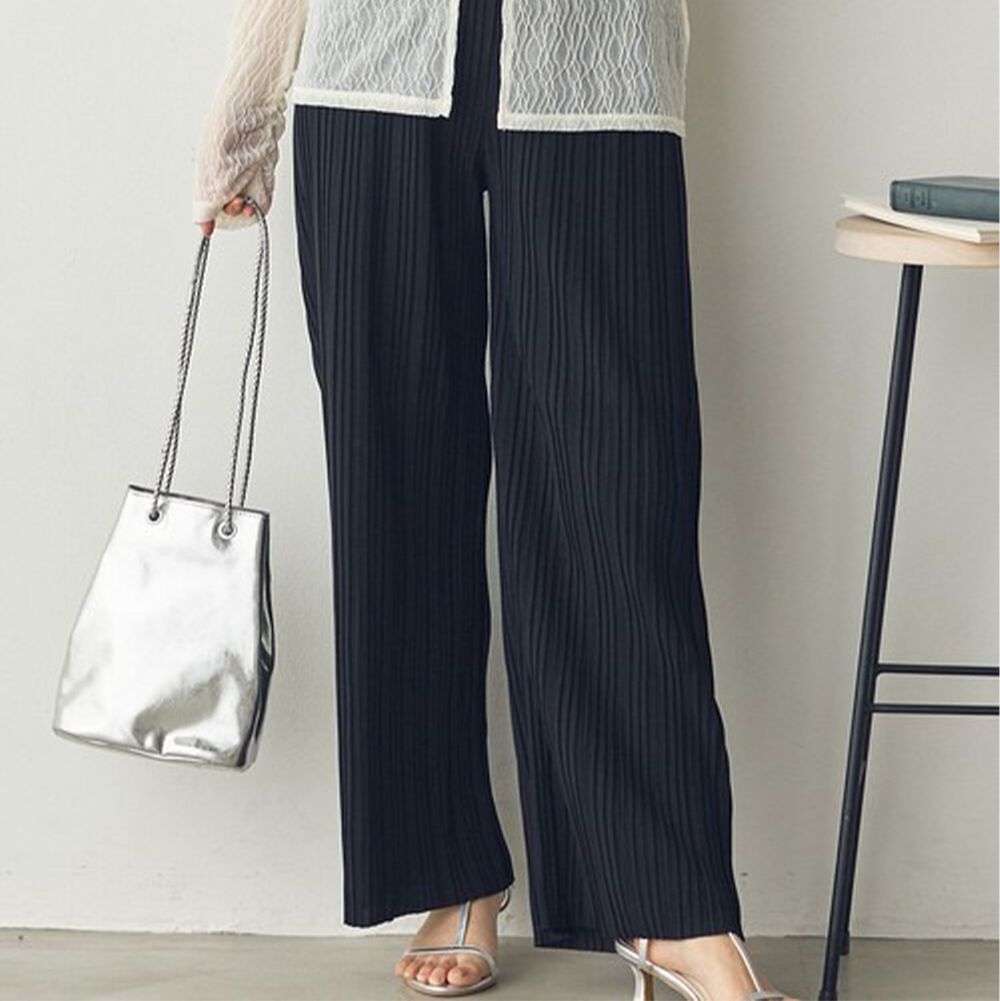 細摺搖曳優雅寬褲(全腰鬆緊)-黑 (M)