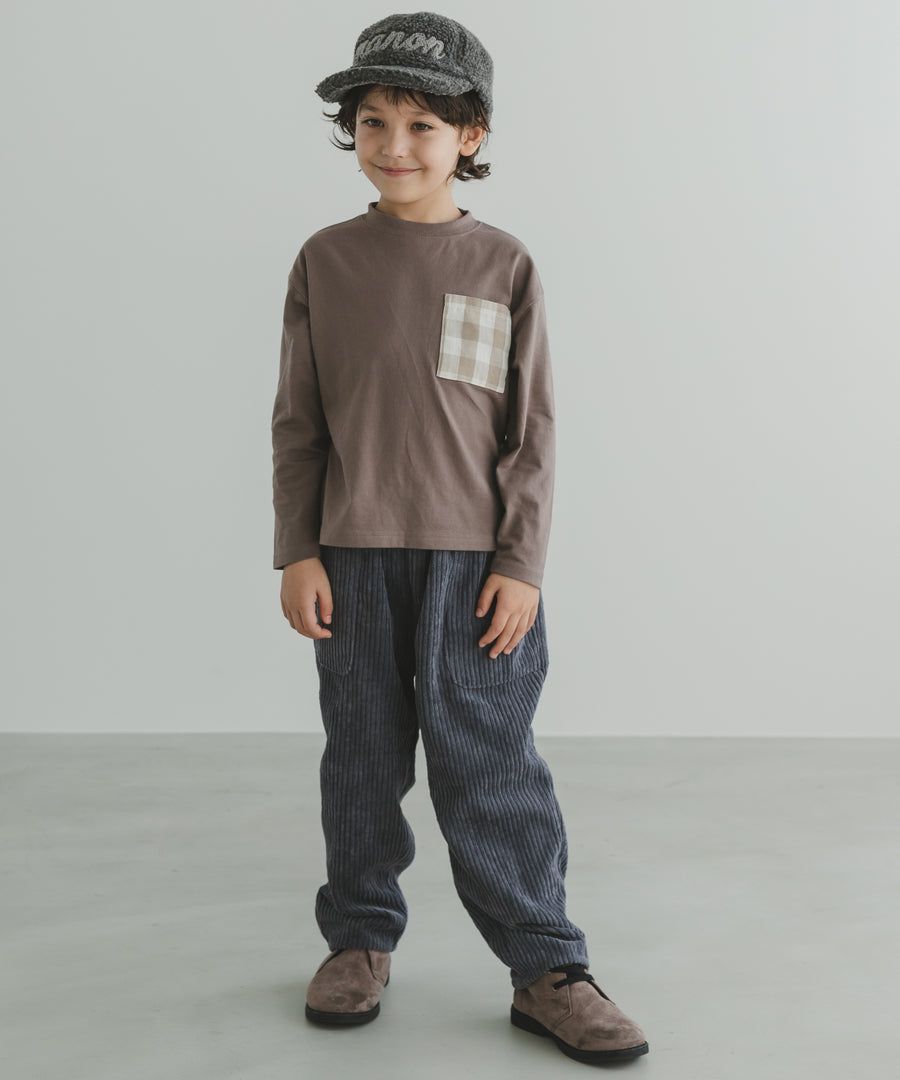 日本 PAIRMANON - 拼接口袋圓領薄長袖上衣-格紋-藍灰