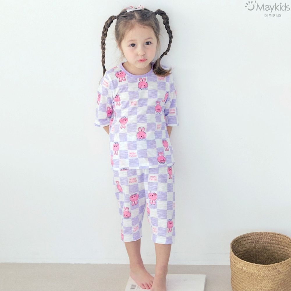 輕薄細柔棉七分袖家居服-棋盤格兔兔-淺紫