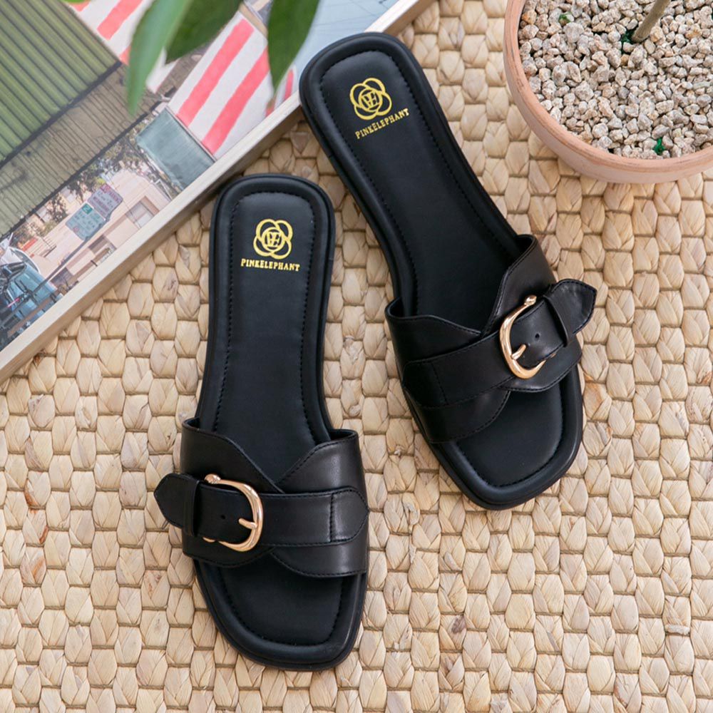 韓國 PINKELEPHANT - 裝飾金釦寬帶平底拖鞋(1cm)-黑
