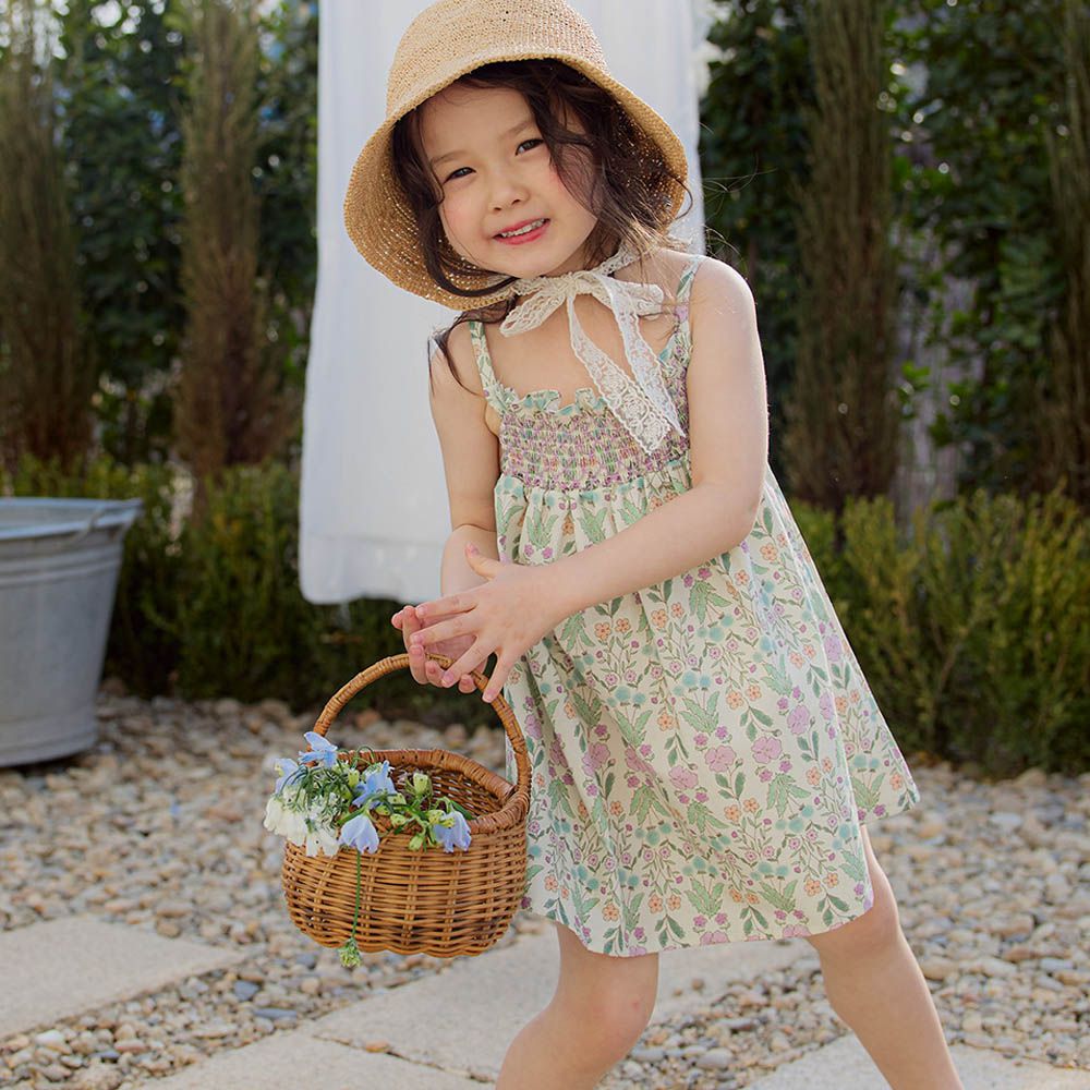 手繪花園抓褶細肩帶洋裝-綠