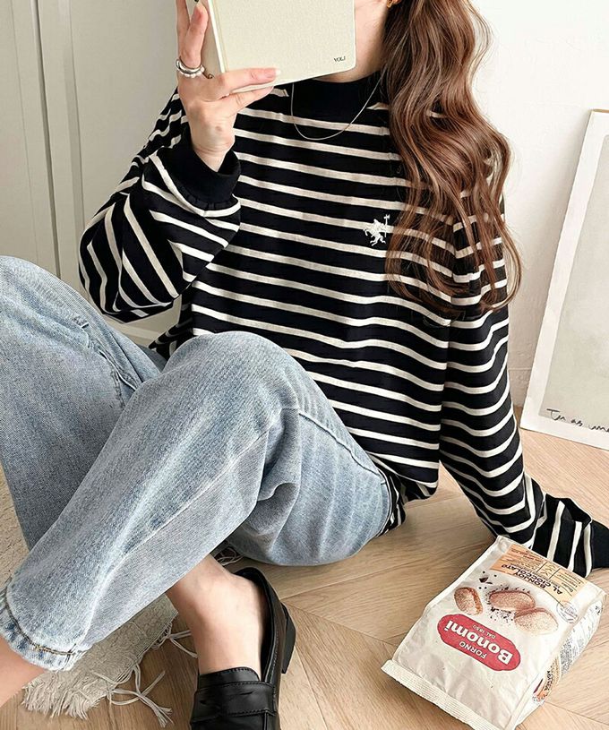 日本 Classical Elf - 百搭logo刺繡微立領長袖上衣-松石綠