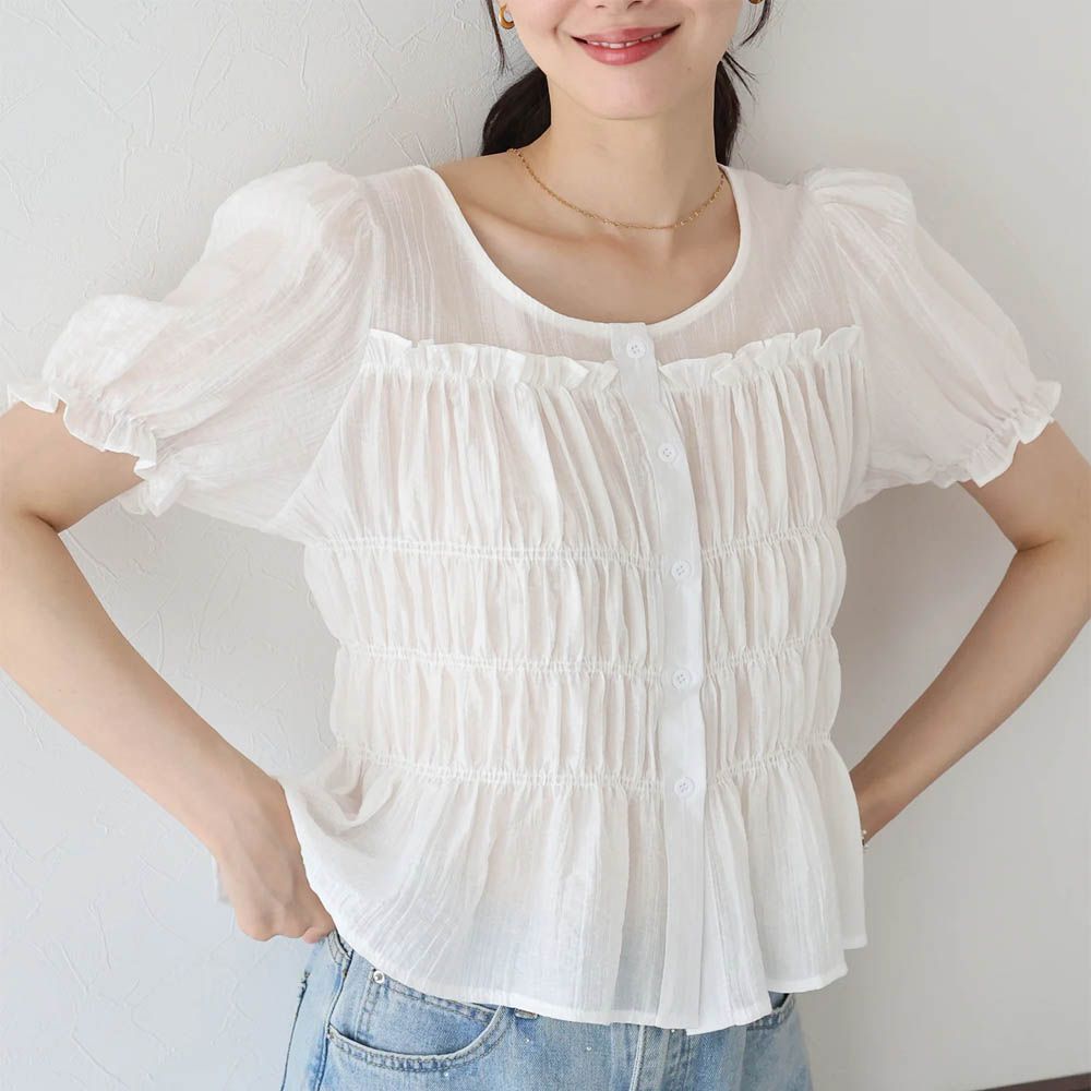 顯瘦皺摺荷葉泡泡短袖上衣-白