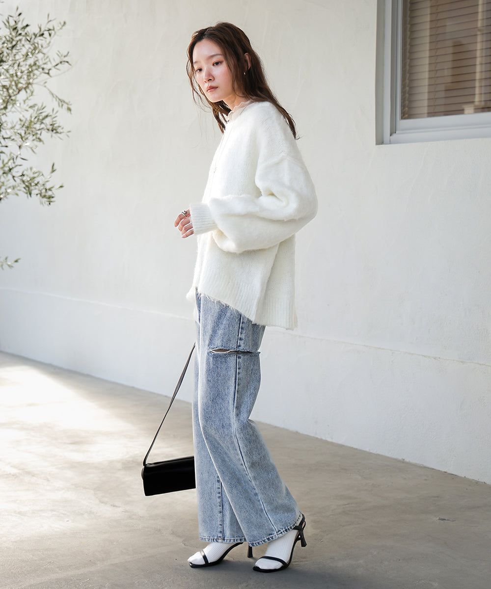 日本 Bab - 澎袖毛海溫柔廓形針織上衣-淺灰