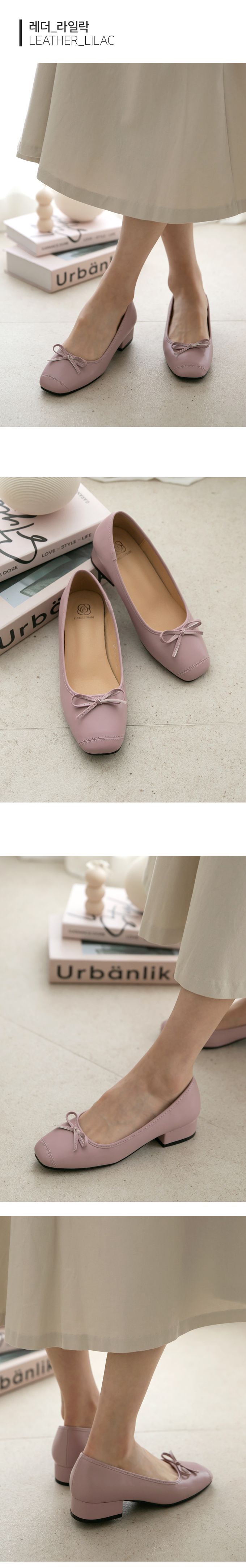 韓國 PINKELEPHANT - 可愛蝴蝶結方頭矮跟鞋(3cm)-淺紫