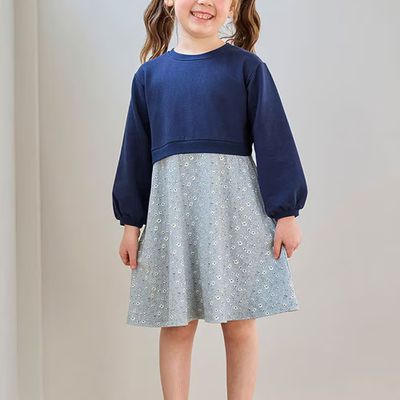 日本千趣會 - 後背蝴蝶結假兩件式長袖洋裝-碎花-海軍藍X水藍