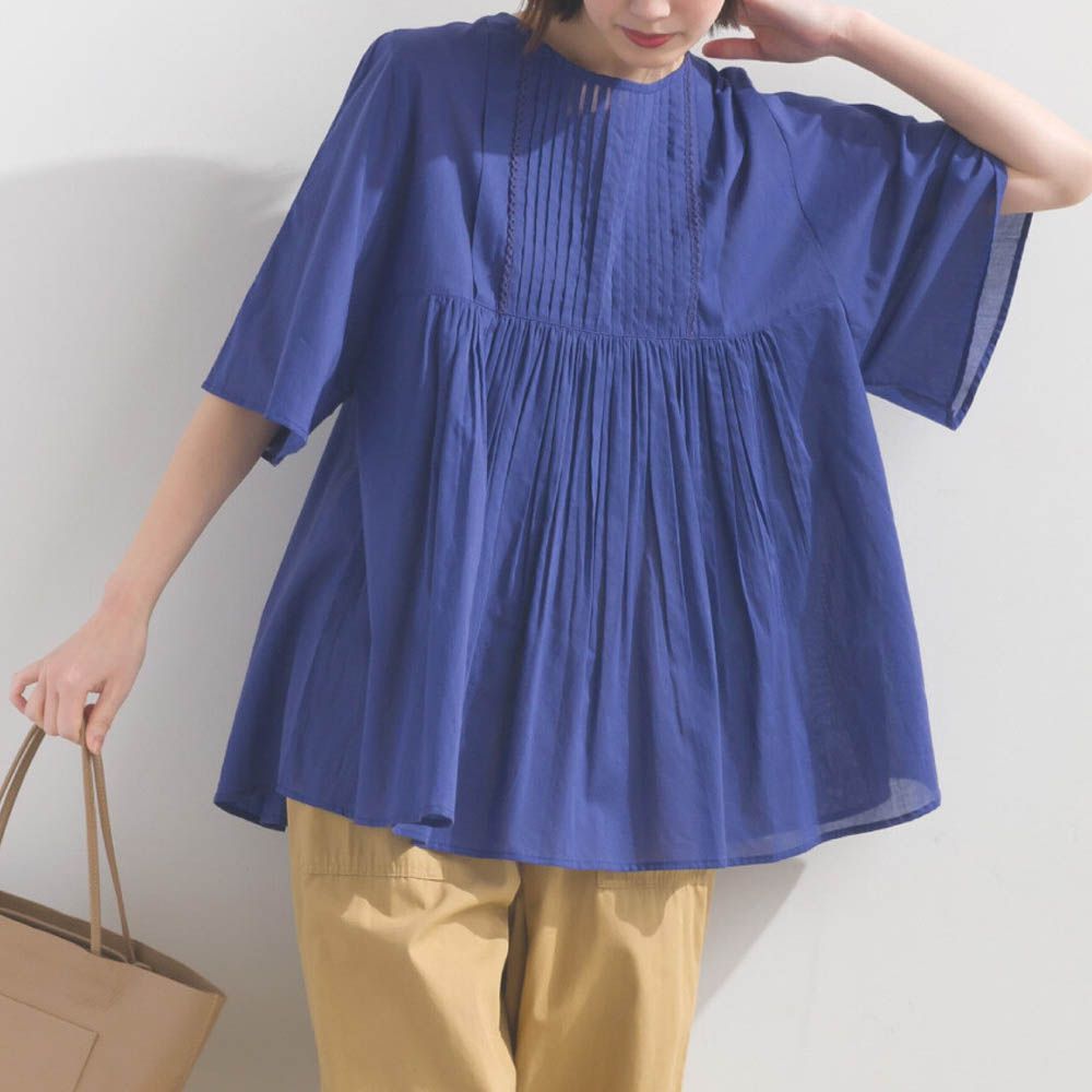 純棉巴里紗柔美皺摺寬袖上衣-寶藍