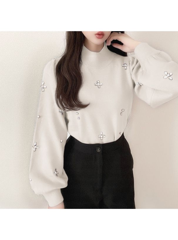 日本 GRL - 氣質花朵閃耀針織上衣-水藍 (F)