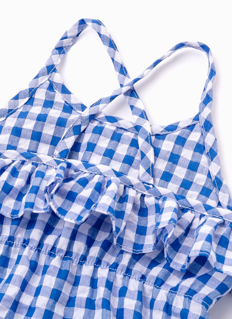 韓國 OZKIZ - 皺褶感格子細肩帶洋裝-藍