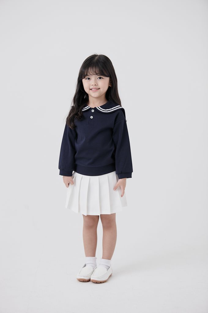 韓國 Coco Bang - 水手翻領鈕釦點綴長袖上衣-深藍