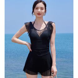 性感蕾絲修身顯瘦露背泳衣-優雅黑