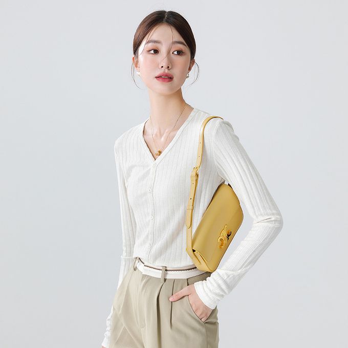 V領坑條紋針織開衫外套/上衣-粉色