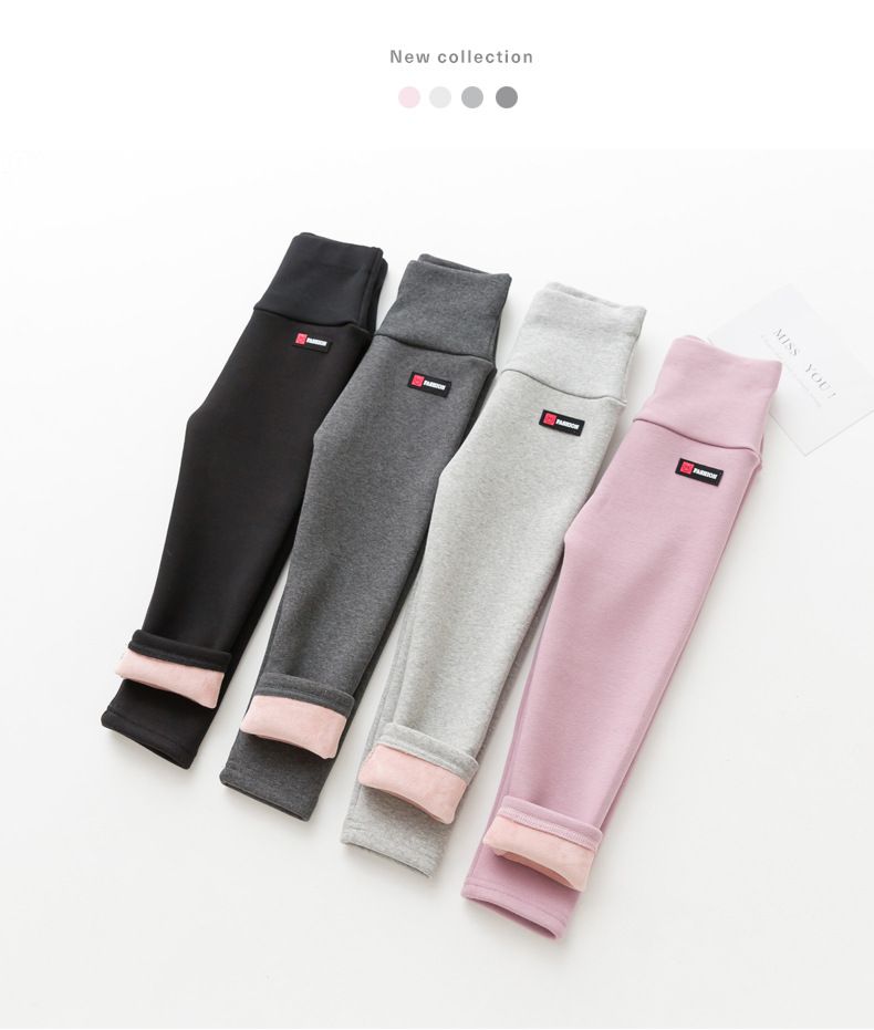 FANMOU - 溫暖加絨高腰內搭褲-淺灰色