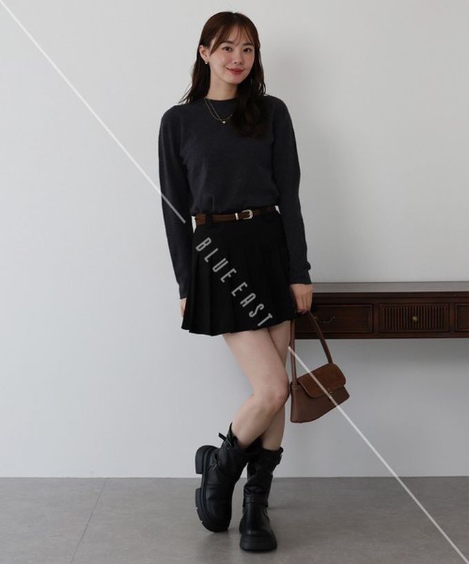 日本 BLUE EAST - 時髦麂皮百褶迷你短裙(附皮帶)-咖啡