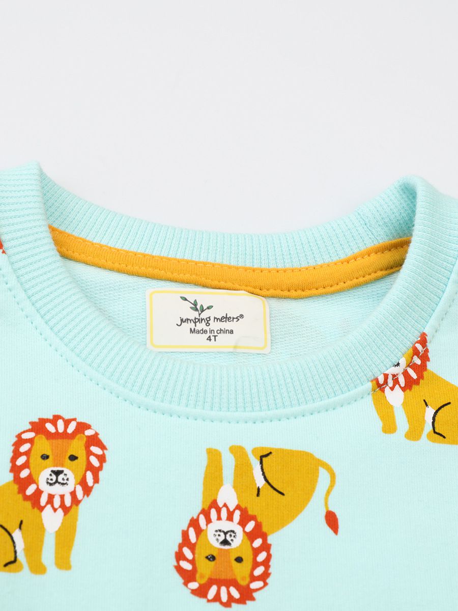 Jumping meters - 圓領棉質長袖上衣/大學T-滿滿獅子-藍綠色
