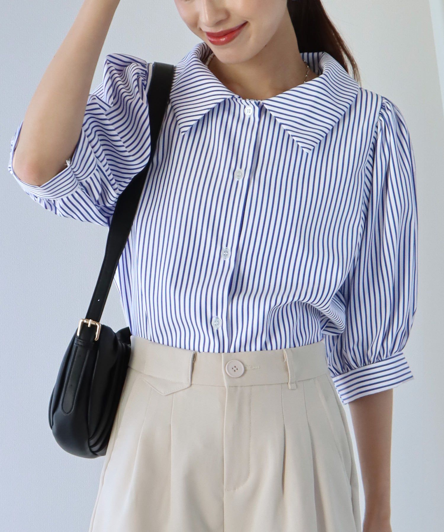 日本 BLUE EAST - 百搭翻領澎澎袖襯衫-直條紋-水藍