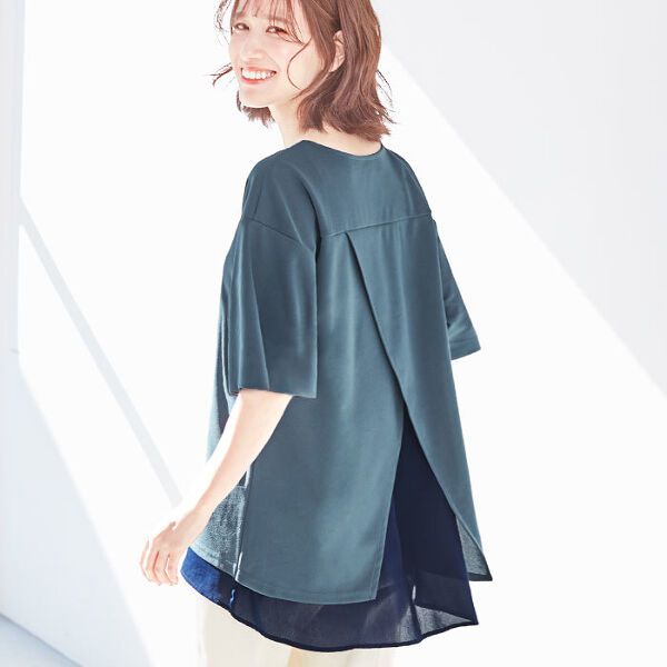 日本 BELLUNA - 抗UV 四機能V層次剪裁短袖上衣-海軍藍