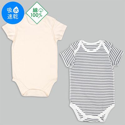 akachan honpo - 短袖包屁衣2件組-套頭式 橫紋-深藍色