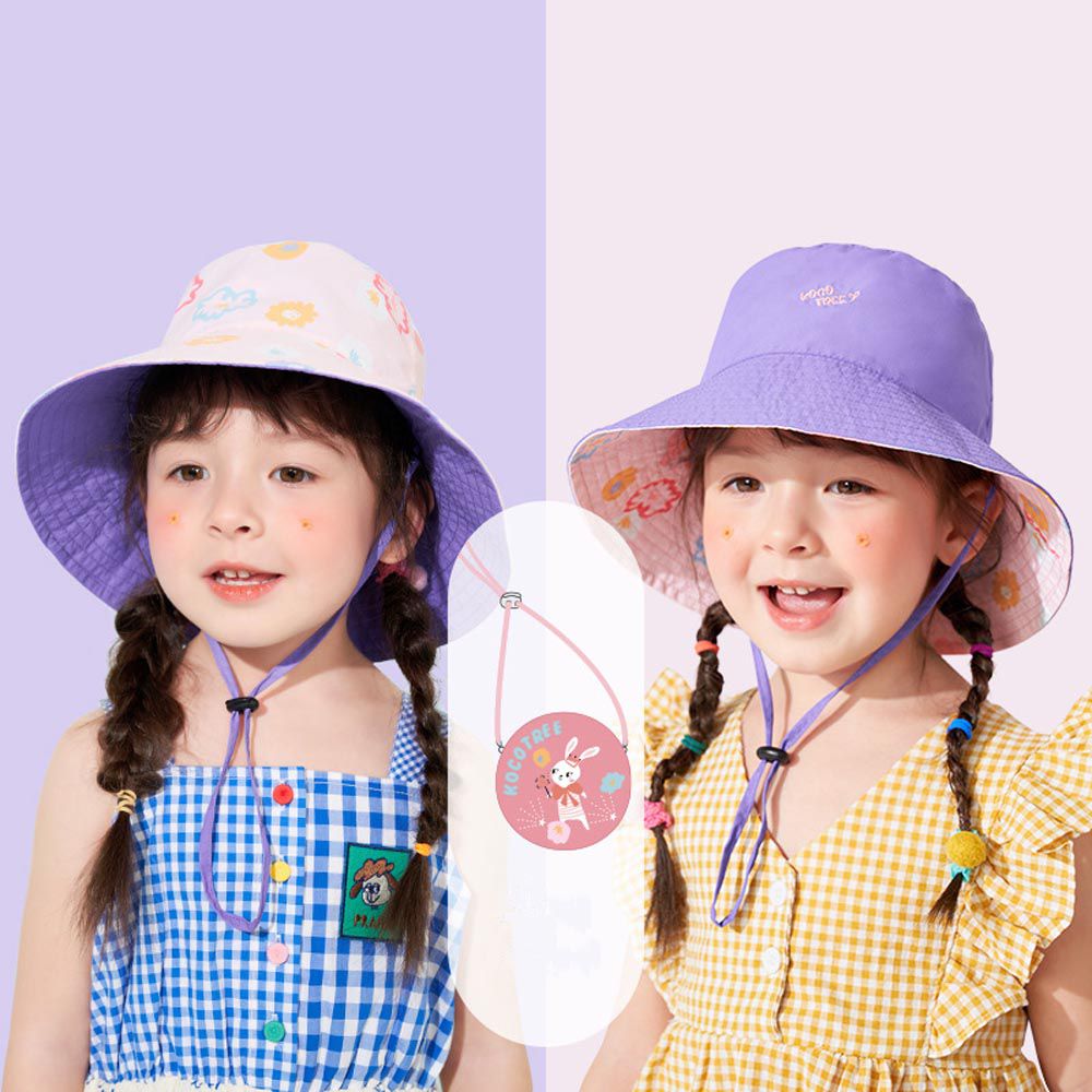 可調節兒童大帽簷防曬遮陽帽-雙面可戴+秒變斜背包-花朵粉