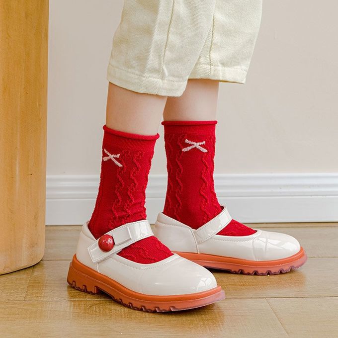 腳ㄚ子 - 幼/兒童棉質中筒襪 童襪 襪子 棉襪 兒童襪-絳紅飛花