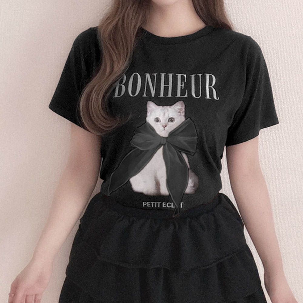 貓咪緞帶印花短袖上衣-黑 (F)