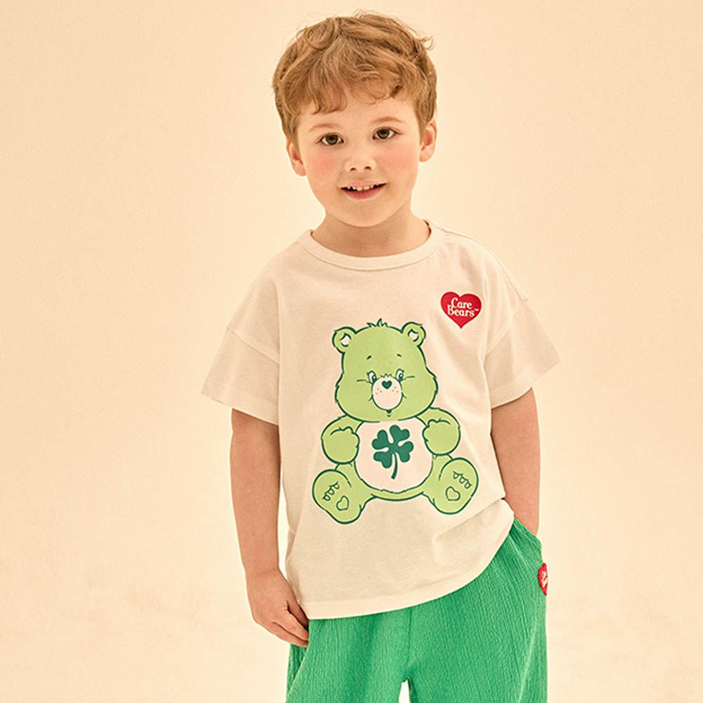 聯名款萌萌大熊純棉短袖上衣-幸運草綠熊-白