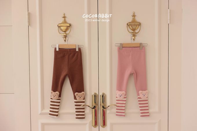韓國 Coco rabbit - 鬆緊腰彈力條紋內搭褲-毛絨熊-咖啡
