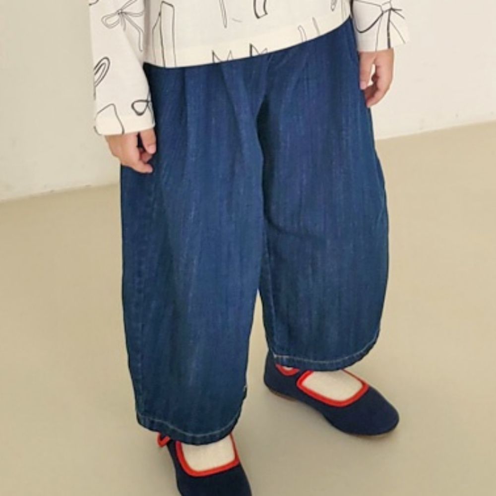 Peanuts House 鬆緊腰抓褶感丹寧哈倫丹寧褲-深藍