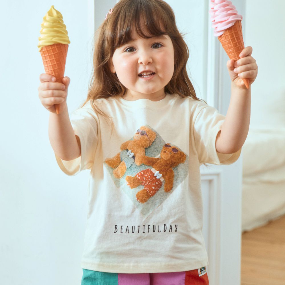 First Blue 日光浴熊熊純棉短袖上衣-米黃