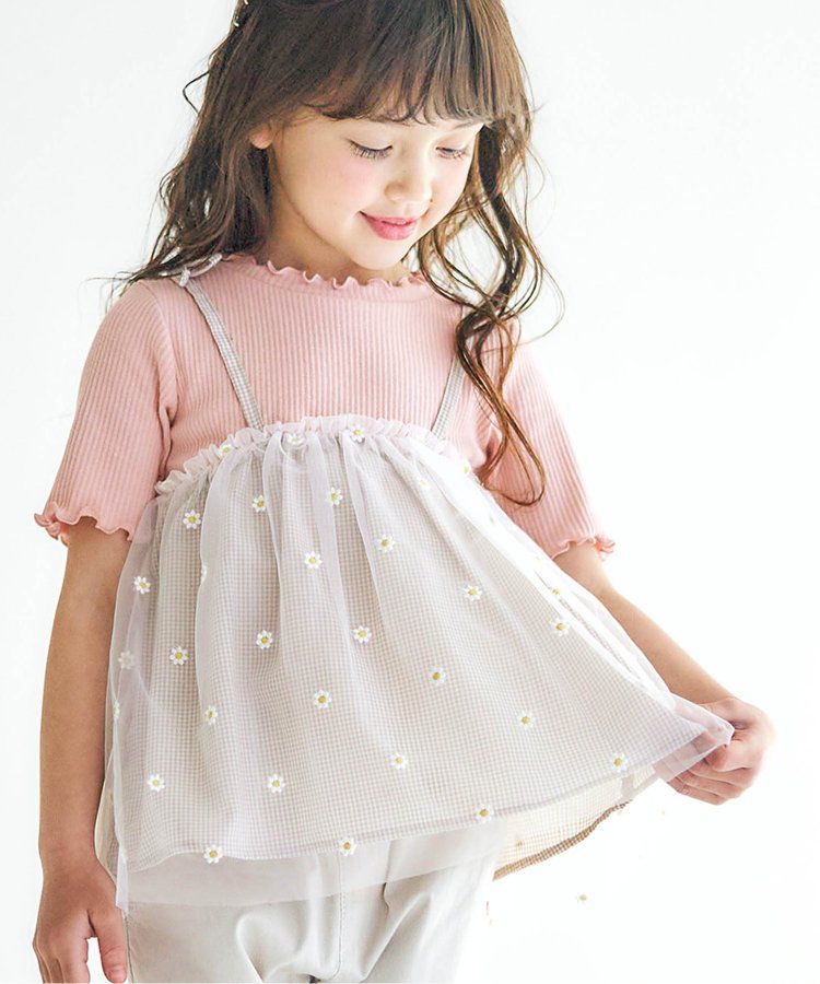 日本 apres les cours - 花朵刺繡拼接夢幻短袖上衣-嫩綠x黑