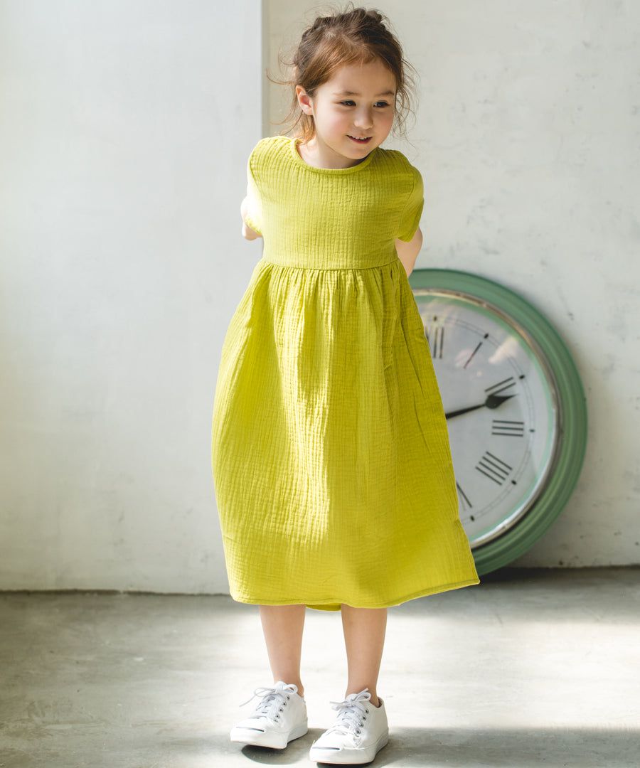 日本 PAIRMANON - 純棉微皺感短袖素色洋裝(孩子)-紅