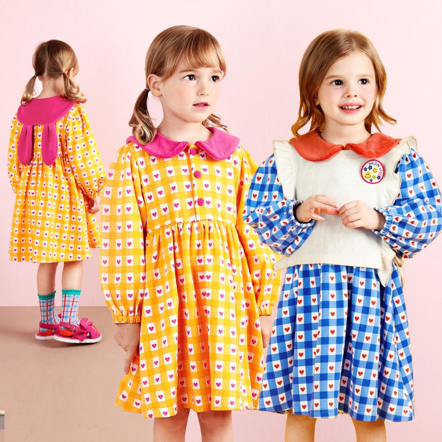 韓國 WALTON kids - 格紋愛心兔兔翻領連身洋裝-橘黃