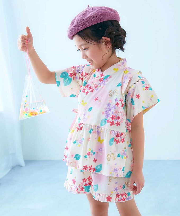 日本 devirock - [推薦]夢幻女孩荷葉邊甚平套裝-煙火-粉紅