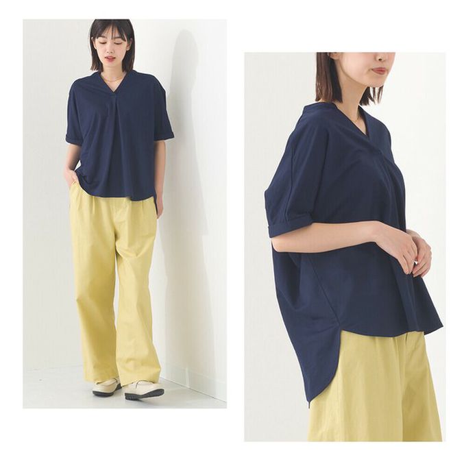 日本 OMNES - 接觸涼感 嫘縈休閒V領前短後長上衣-灰棕