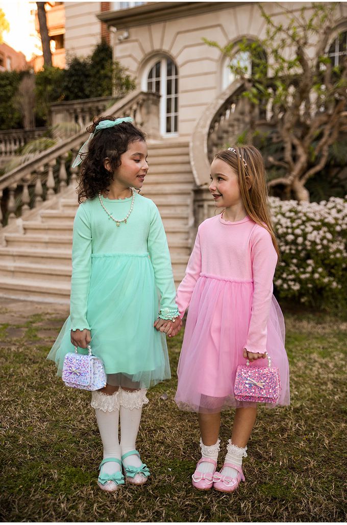 韓國 OZKIZ - 糖果色網紗拼接連身洋裝-粉