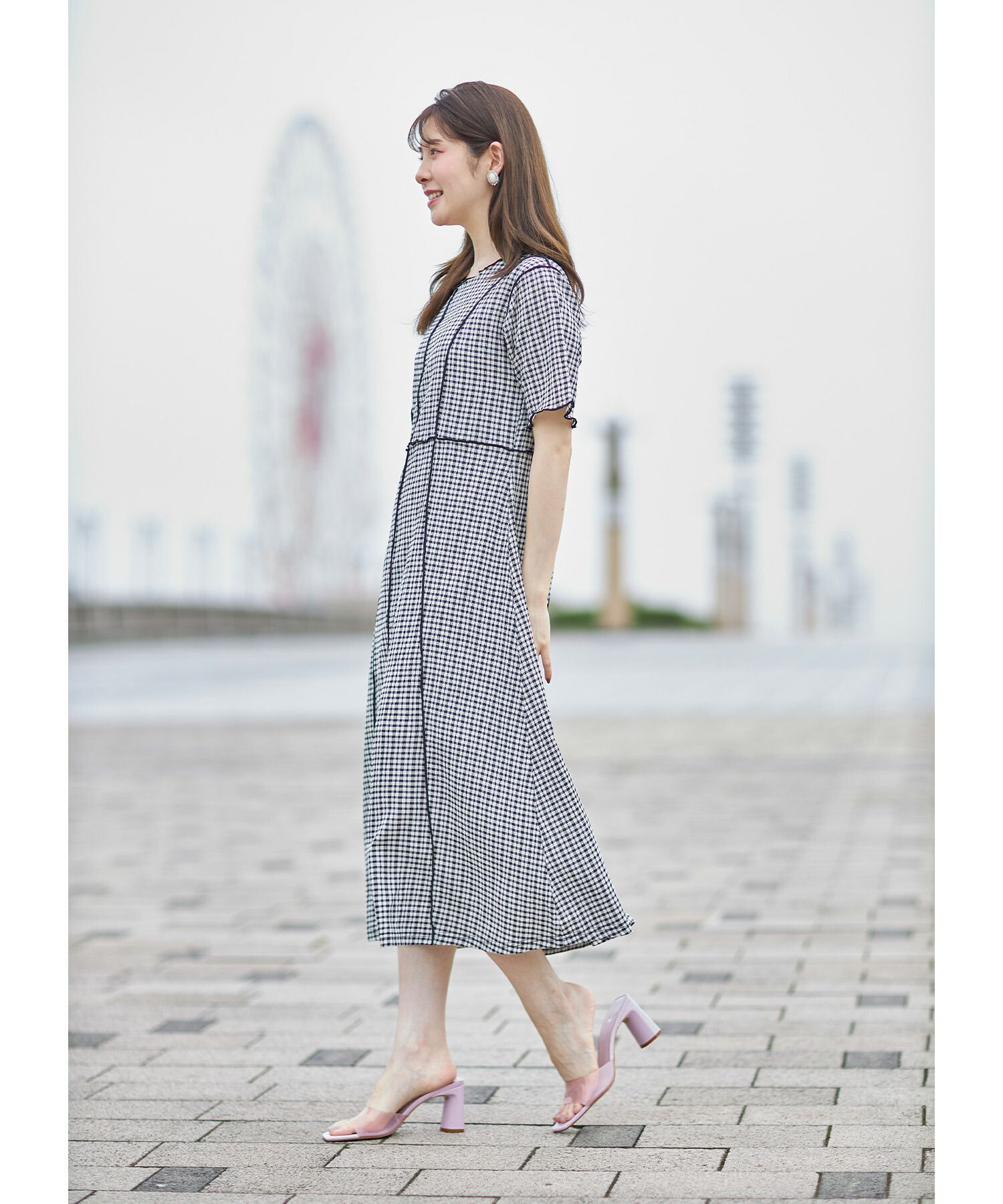 日本 tocco-closet - 修身線條五分袖洋裝-格紋-薄荷
