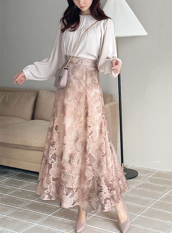 日本 GRL - 芍藥花刺繡修身長裙-簡約黑