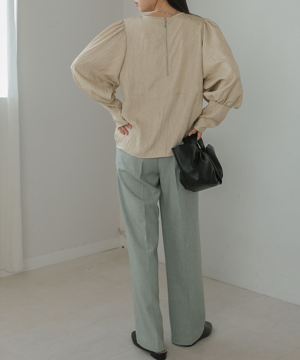 日本 Bab - 光澤感抽繩泡泡袖上衣-香檳