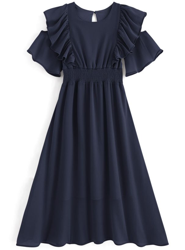 日本 GRL - 優雅剪裁收腰雪紡洋裝-深藍