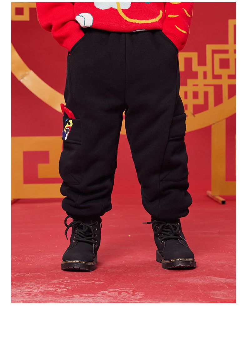 (加絨)喜氣拜年休閒長褲-立體龍角-黑色