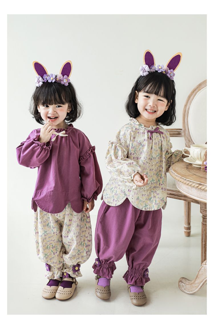 腰鬆緊束口花苞長褲-兔子與花-杏色