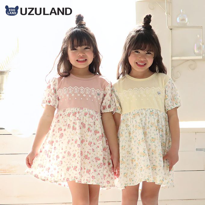 日本 ZOOLAND - 甜美花卉胸前蕾絲短袖洋裝-粉紅