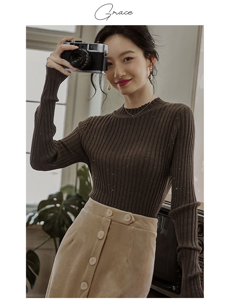 優雅百搭坑條修身針織上衣-咖啡色