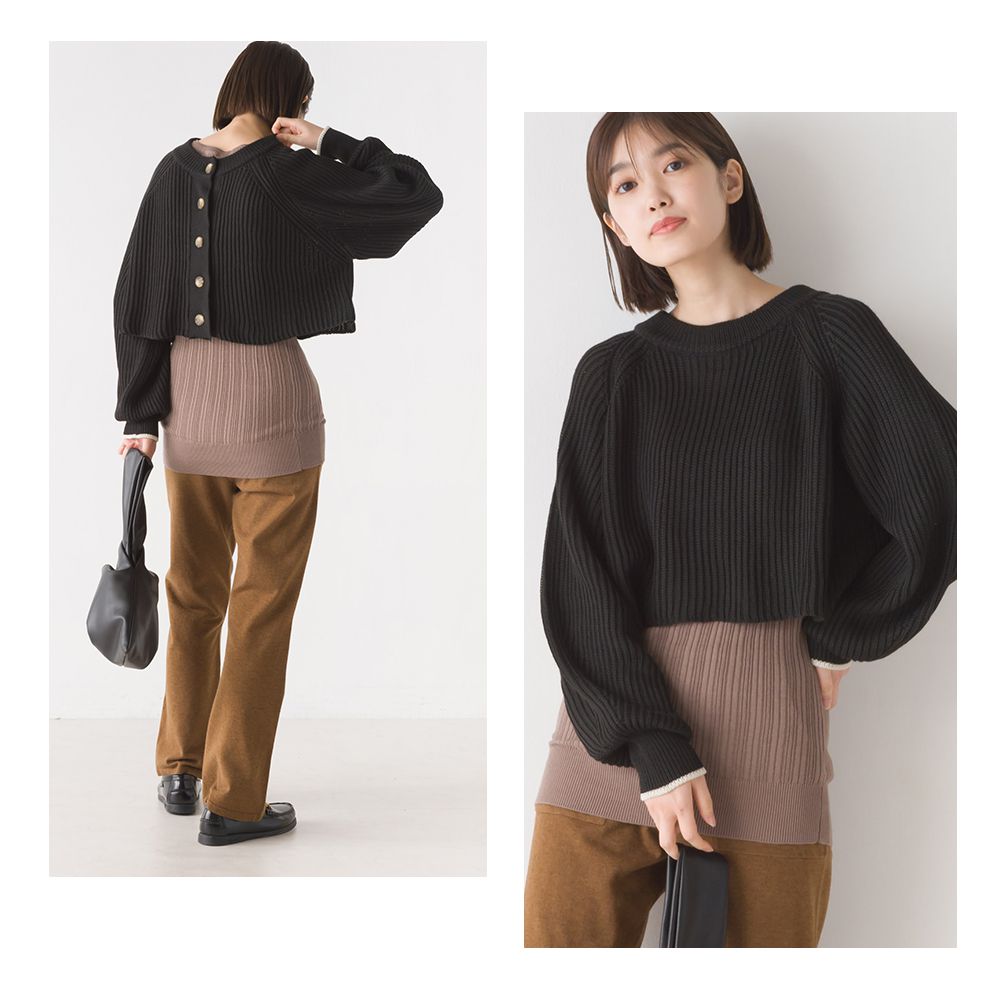 日本 OMNES - 圓領俏麗短版粗針織外套-淺卡其